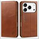 SHIELDON Genuine Leather Wallet Case for iPhone 17 Pro 6.3" 2025 | Flip Cover | Magnetic Closure | RFID Blocking Credit Card Holder | Kickstand | Shockproof Phone Cover | Retro Brown