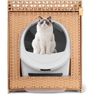 Self Cleaning Cat Litter Box Enclosure, XXL Extra Large Hidden Litter Box Furniture Cabinet, Handwoven PE Rattan Dog Proof Enclosed Litterbox, Fits Most Automatic Litter Boxes, Natural