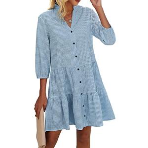 CCTOO Women's Summer Dresses Casual V Neck Button Down 3/4 Sleeve Floral Print Loose Flowy Shirt Dress (Gray Blue, Medium)