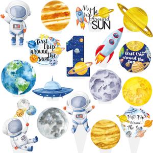 48Pcs First Trip Around The Sun Cupcake Toppers Outer Space 1st Birthday Party Decorations Space Astronaut Cupcake Picks Decorations for Planets Solar System Theme Party Supplies