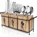 Tebery Wooden Utensil Holder for Party, Large Countertop Flatware Cutlery Caddy with Handle, 3 Detachable Compartment Silverware Cooking Organizer with Metal Tray for Fork, Spoon, Knives