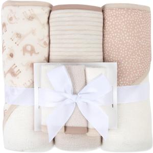 Jessica Simpson 6 Piece Printed Hooded Bath Towel and Washcloth Set for Infant, Newborns and Toddlers 3  24 Months for Bath Time, Showers, Lounge, Beach and Pool (6 Piece Zoo Animals Print)