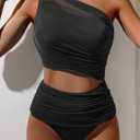 Bikini Sets for Women Tummy Control Two Piece Swimsuits Mesh One Shoulder Bathing Suits (Black, S)