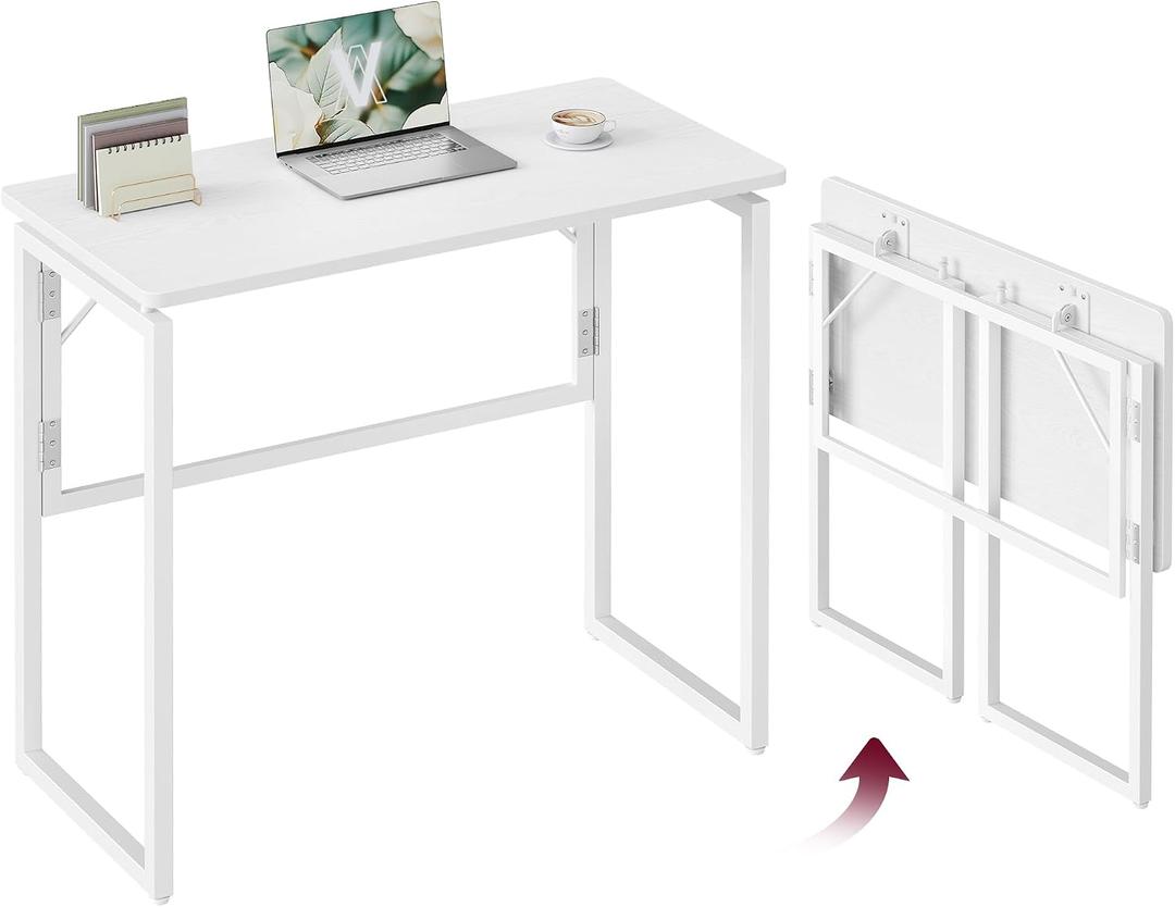 VASAGLE Folding Desk, Small Computer Desk, Foldable Table 31.5 Inch | One-Piece Desktop,Folding Table for Bedroom, Balcony, Camping, Easy Assembly, Matte White, ULWD151WF01