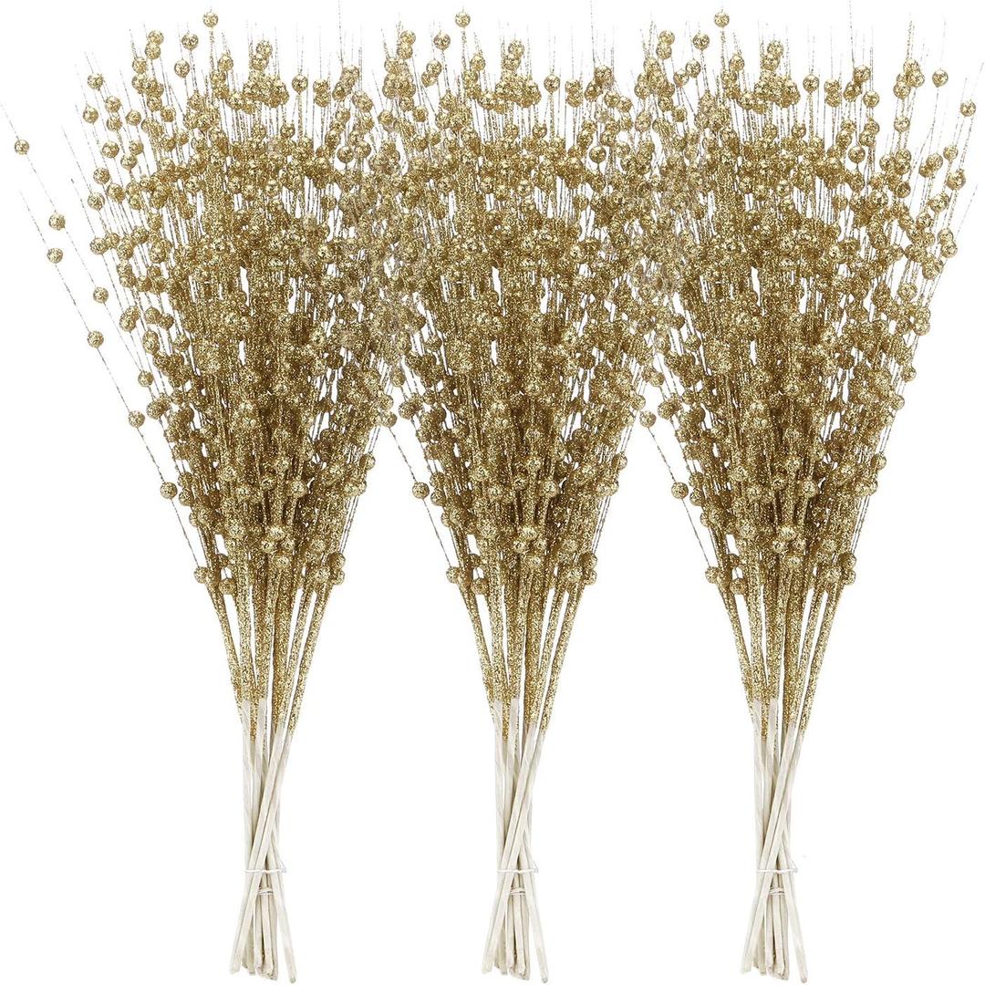 Sea Team 24-Pack Artificial Glitter Berry Stem Ornaments, Decorative Bead Sticks, Glittery Twigs, Picks, Branches for Christmas Tree, Small Vase, Holiday, Wedding, Party (17 Inches, Gold)