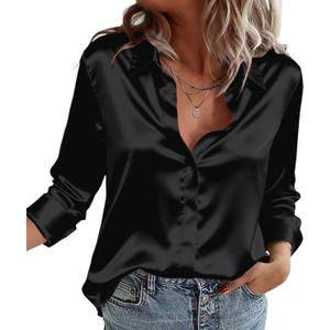 Zeagoo Satin Blouses for Women Casual Long Sleeve Button Down Silk Shirts Dressy Business Work Tunic Top (Large, Black)