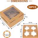 OAMCEG 50 PCS Cupcake Boxes with Window, 6x6x3 Inch Cookie Boxes, Bakery Treat Boxes for Pastry, Dessert, Chocolate Strawberries, Cupcake Containers, Gift Giving with Stickers & Twine （Brown）