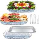3 Pcs 16" x 9.45'' Chilled Serving Tray with Compartments Rectangle Silver Ice Charcuterie Dish with Ice Scoop Plastic Clips for Appetizer Parties Fruit Vegetable Seafood