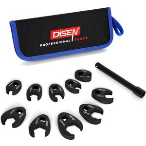 DISEN 11 PCS Crowfoot Wrench Set for 3/8" Drive with Extension Bar, Flare Nut Wrenches Set Metric Size 10-19mm, Professional Kit with Zipper Pouch, for Automotive, Plumbing, and Industrial Repair