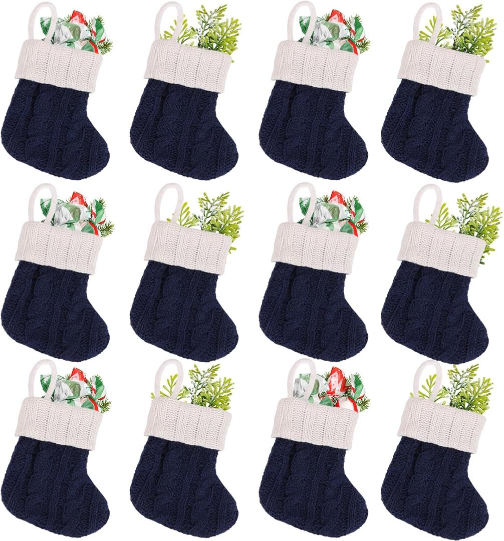 KIMOBER 12 Pack 4 Inch Christmas Mini Stockings Small Xmas Christmas Hanging Stocking Little Rustic Christmas Tree Ornaments for Home Party Holiday Decor(Blue Knit)