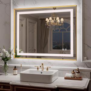 40X32 Inch LED Bathroom Mirror with Lights, Gold Frame Frontlit+ Backlit Bathroom Vanity Mirror for Wall, Ultra-Clear Tempered Glass, Shatter-Proof, Anti-Fog and Memory Function, ETL Listed