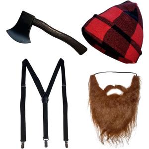 4 Pieces Lumberjack Costume Halloween Men Women Lumberjack Accessories Include Hat Beard Suspender Foam Axe for Halloween Costume Cosplay Party