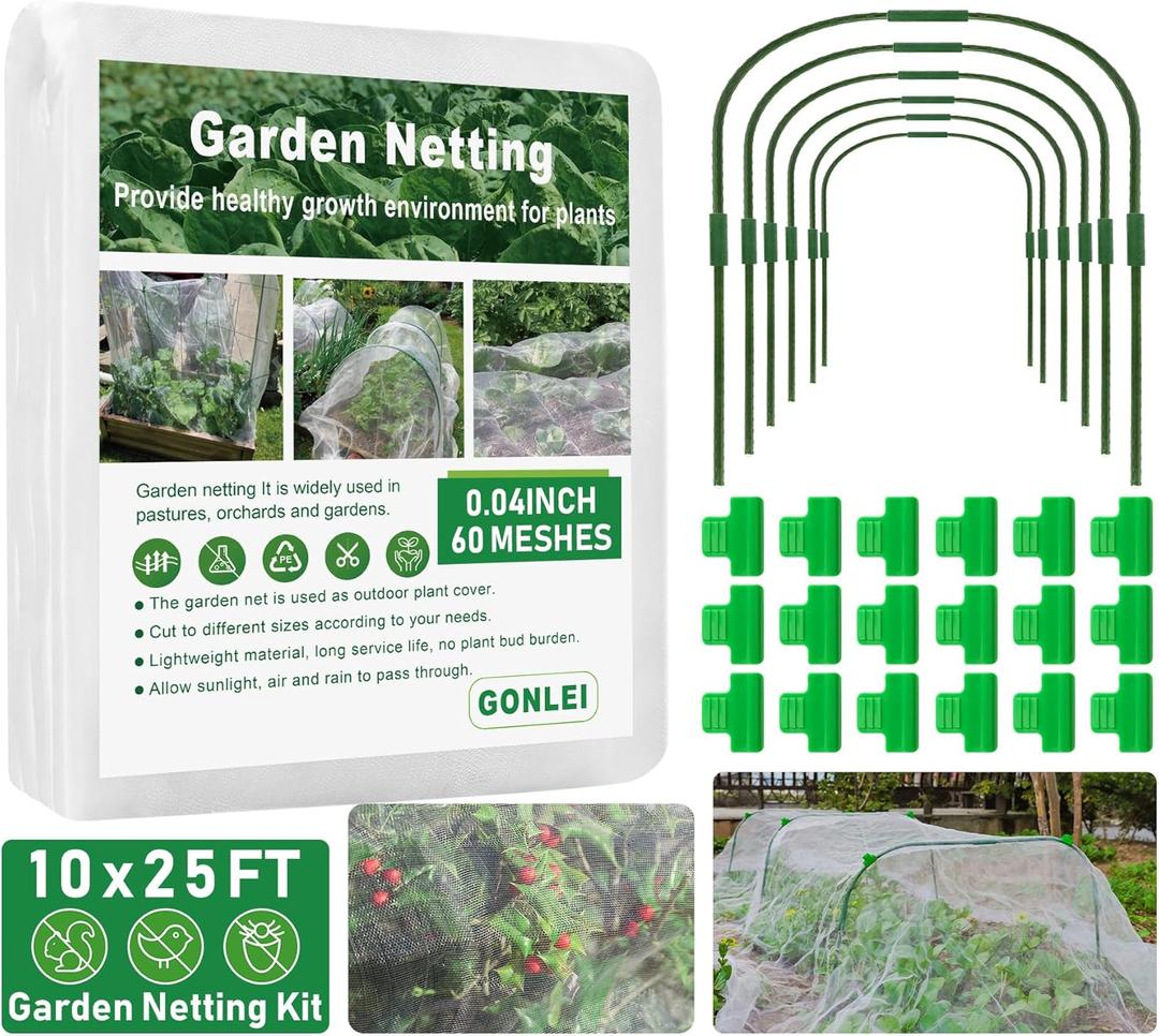 GonLei 10x25FT Garden Mesh Netting Kit Raised Beds (6 Pcs Garden Hoops & 18 Clips) Garden Hoops Plant Row Covers Netting Protection Berry Bush Trees Grass Seed Barrier Net (White)