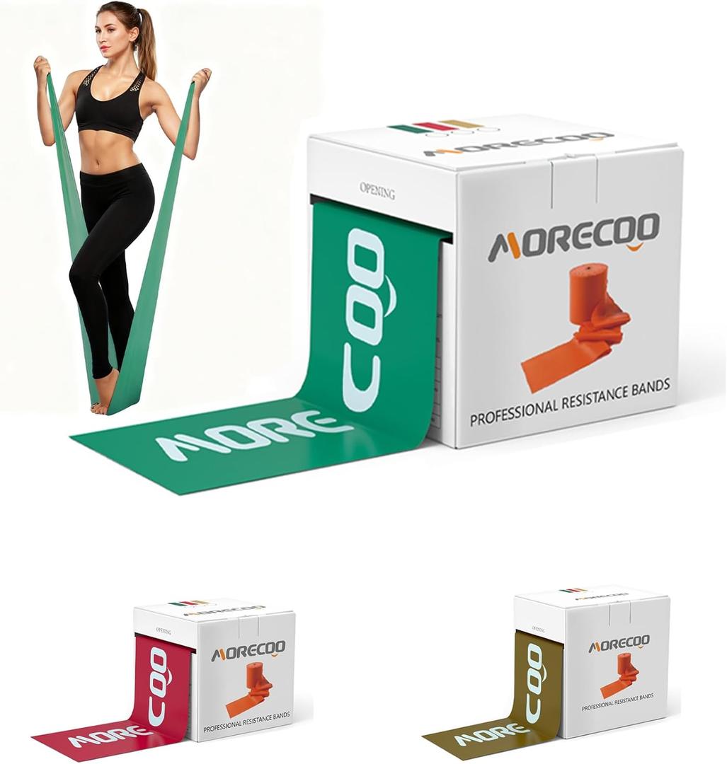 MORECOO 25 Yard Resistance Band Roll, 100% Natural Latex Exercise Bands for Physical Therapy, Progressive 3-Level Workout Bands Set (Red 3.7lb, Green 4.6lb, Brown 14.2lb) for Rehab, Pilates & Strength
