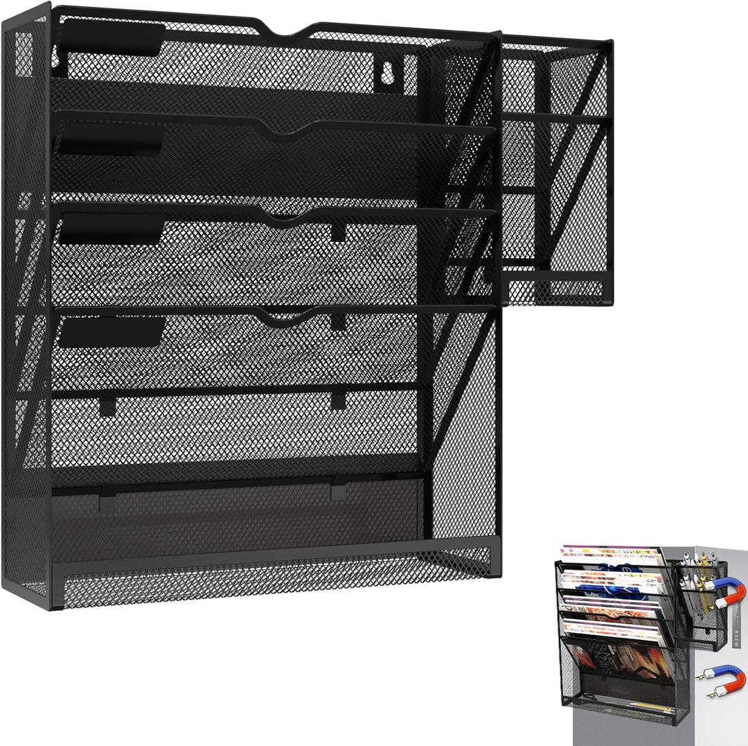 Magnetic File Holder, Magnetic File Organizer Wall Mount, 5 Tier Hanging Mail Organizer Folder Holder, Mesh Desk Accessories and Organizers, Paper Document Magazine Rack with 3 Pen Holder (Black)