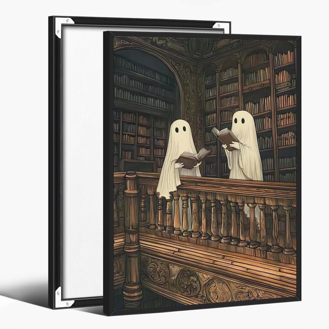 Vintage Halloween Two Cute Ghosts Library Wall Art Ghost Reading Book Canvas Posters Whimsical Goth Dark Academia Horror Prints Decor For Living Room Bedroom8x12inch black framed (style-5)