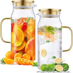 Bivvclaz 2 Pack 2 Liter 68 oz 2.1 Qt Gold Glass Pitcher with Lid and Handle, Water Pitcher for Fridge, Glass Carafe for Hot/Cold Water, Large Iced Tea Pitcher for Coffee, Juice and Homemade Beverage