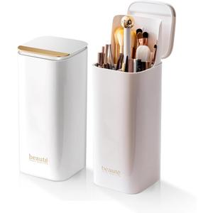 Upgrade Makeup Brush Holder Organizer with Lid, Automatic Lifting Dustproof Makeup Brushes Organizer with 4 Compartments for VanityCosmetic Storage for Dresser Countertop and Bathroom (White Gold)