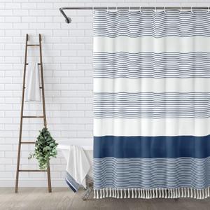 Awellife Navy Blue Shower Curtain for Bathroom Stripe Tassel Shower Curtain 72 X 72 Inches Farmhouse Cotton