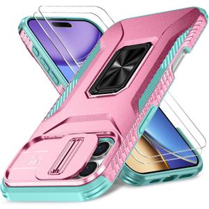 Case for iPhone 16 Pro with Slide Camera Cover+Screen Protector(2 Packs), Military Grade Shockproof Protective Cover, Rotated Ring Kickstand(A - Pink+Celadon)