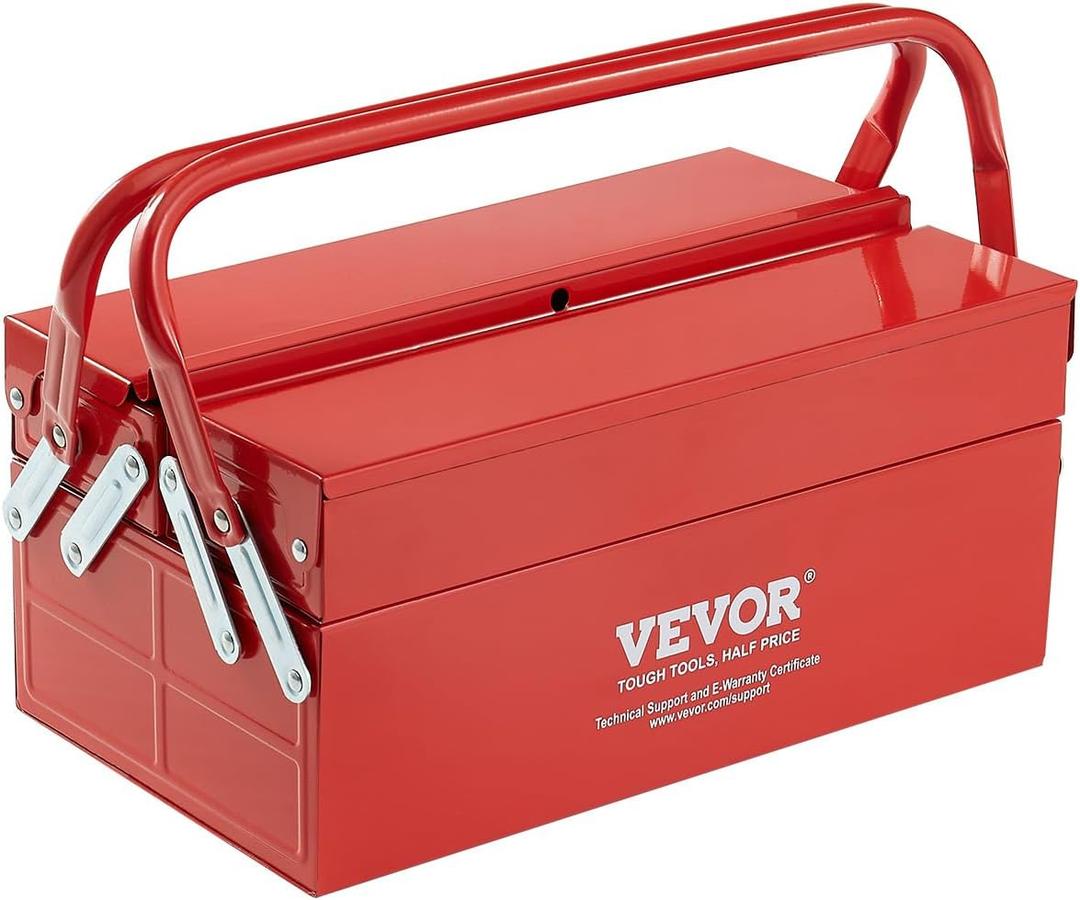VEVOR Metal Tool Box, 14-inch, 2-Tier 3-Tray Portable Folding Tool Chest Organizer with Handle & Lock Hole, Powder Coated Steel, Cantilever Toolbox for Household Factory Warehouse Repair Shop, Red