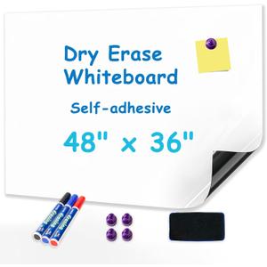 Magnetic Whiteboard for Wall 48" x 36" Self-Adhesive Magnetic Dry Erase White Board Sticker, Peel and Stick Wallpaper Easy to Write and Clean for Home Playroom Office