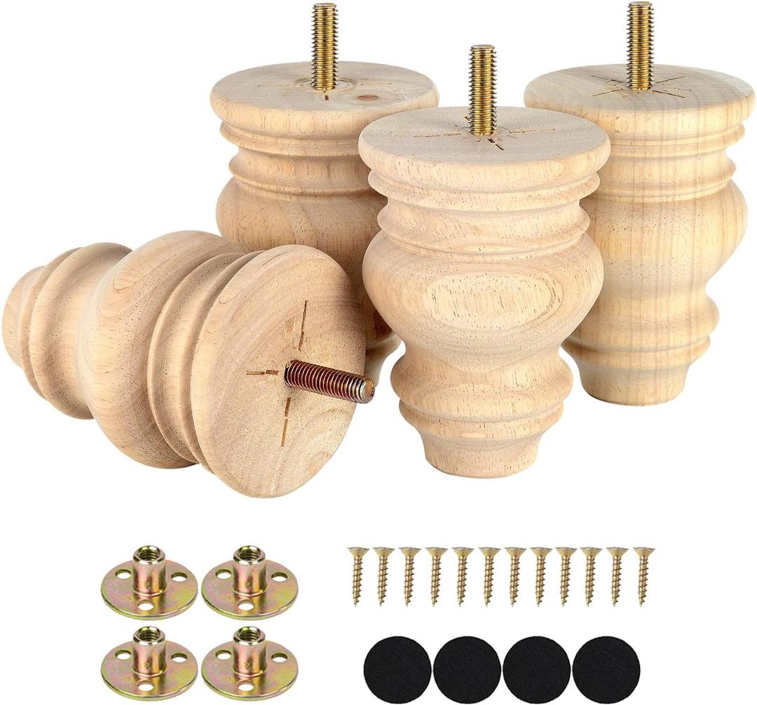 Michanco 4 Inch Unfinished Bun Feet for Couch Sofa Cabinet Ottoman DIY Replacement Wood Furniture Legs Set of 4 M8 Bolt Screw in