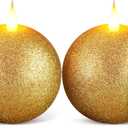 Retisee 2 Pcs Christmas Round Flameless Candles Real Wax with Remote Timer, 4.5″ x 3.8″ LED Glitter Christmas Ball Candles Battery Operated 3D Wick Flickering for Xmas Table Decor Gift(Gold)