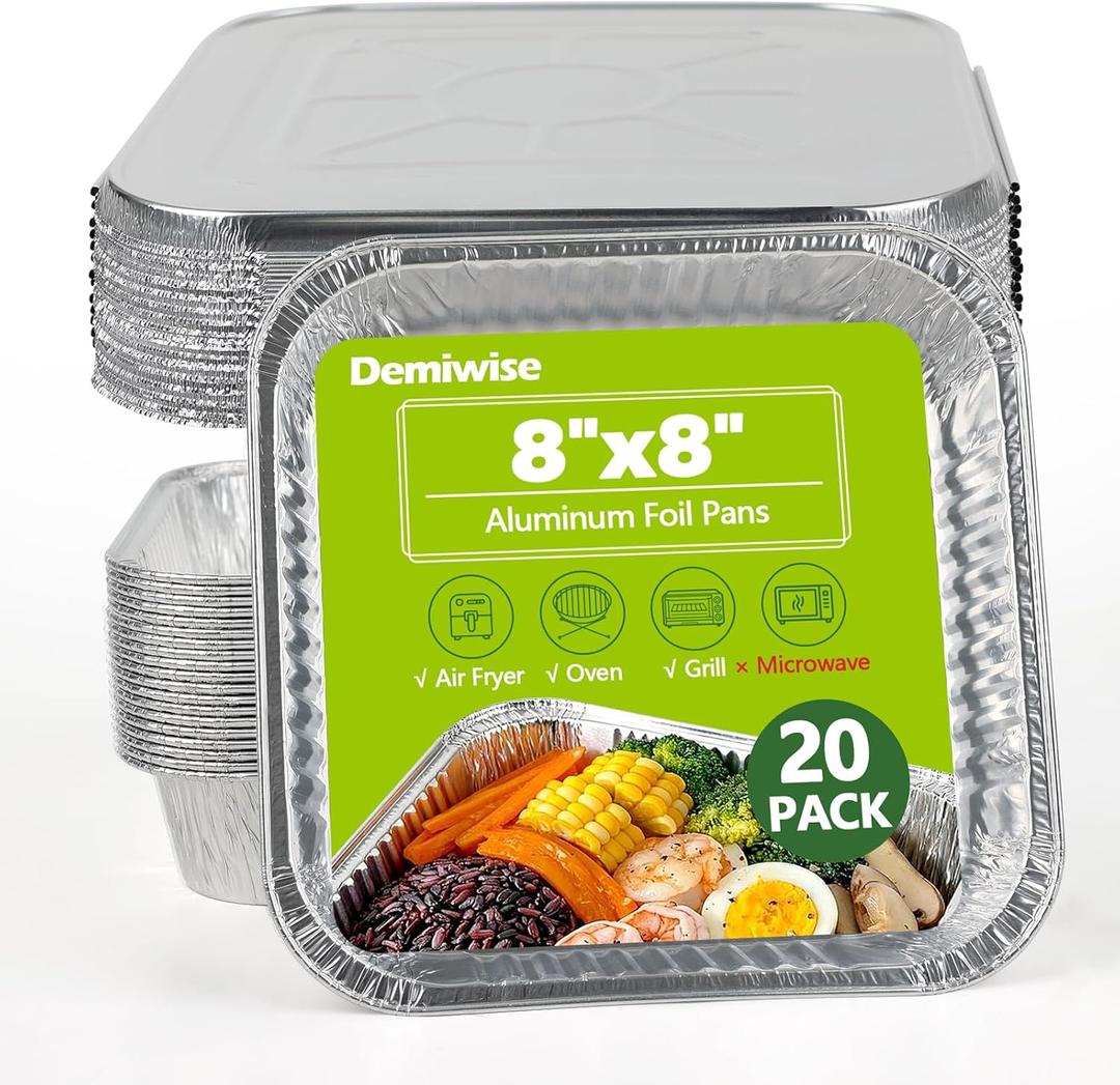 Thickened 20 Pack Heavy Duty Aluminum Pans with Lids, 8x8 Square Disposable Aluminum Baking Pans, Small Foil Pans with lids for Cooking, Meal Prep, Catering, Events, Carton Packaging