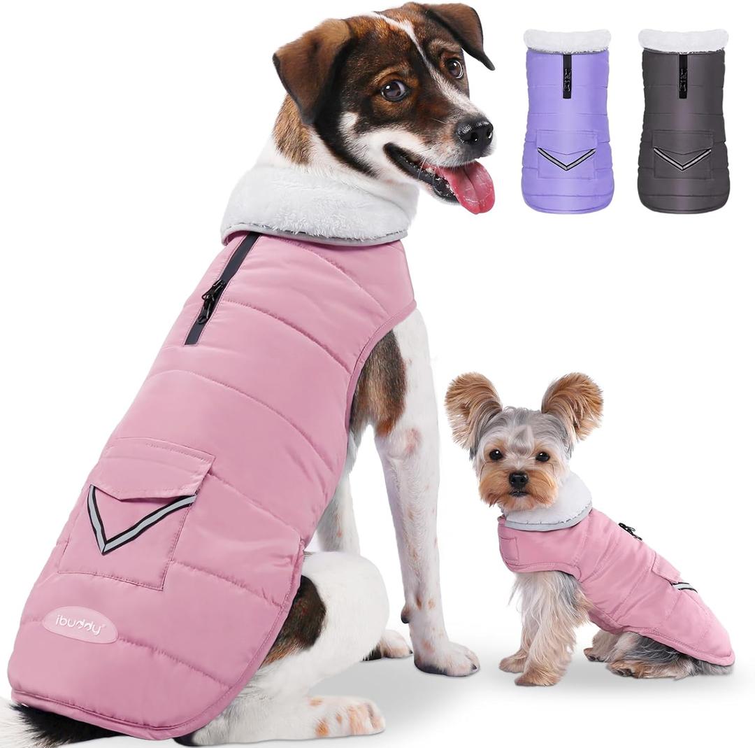 iBuddy Dog Winter Coat for Large Dogs, Easy on Dog Snow Coat Velcro Waterproof Pet Puffer Jacket with Harness Hole Adjustable Reflective Quilted Pet Cold Weather Vest Wind-Poof for Pitbull Boy Girl (Pink, Large)