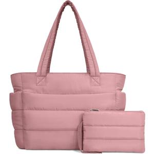 TOPDesign Puffer Tote Bag for Women, Lightweight Puffy Handbag with Compartments, Quilted Shoulder Bag for Work, Travel, Gym (Large, Dark Pink)