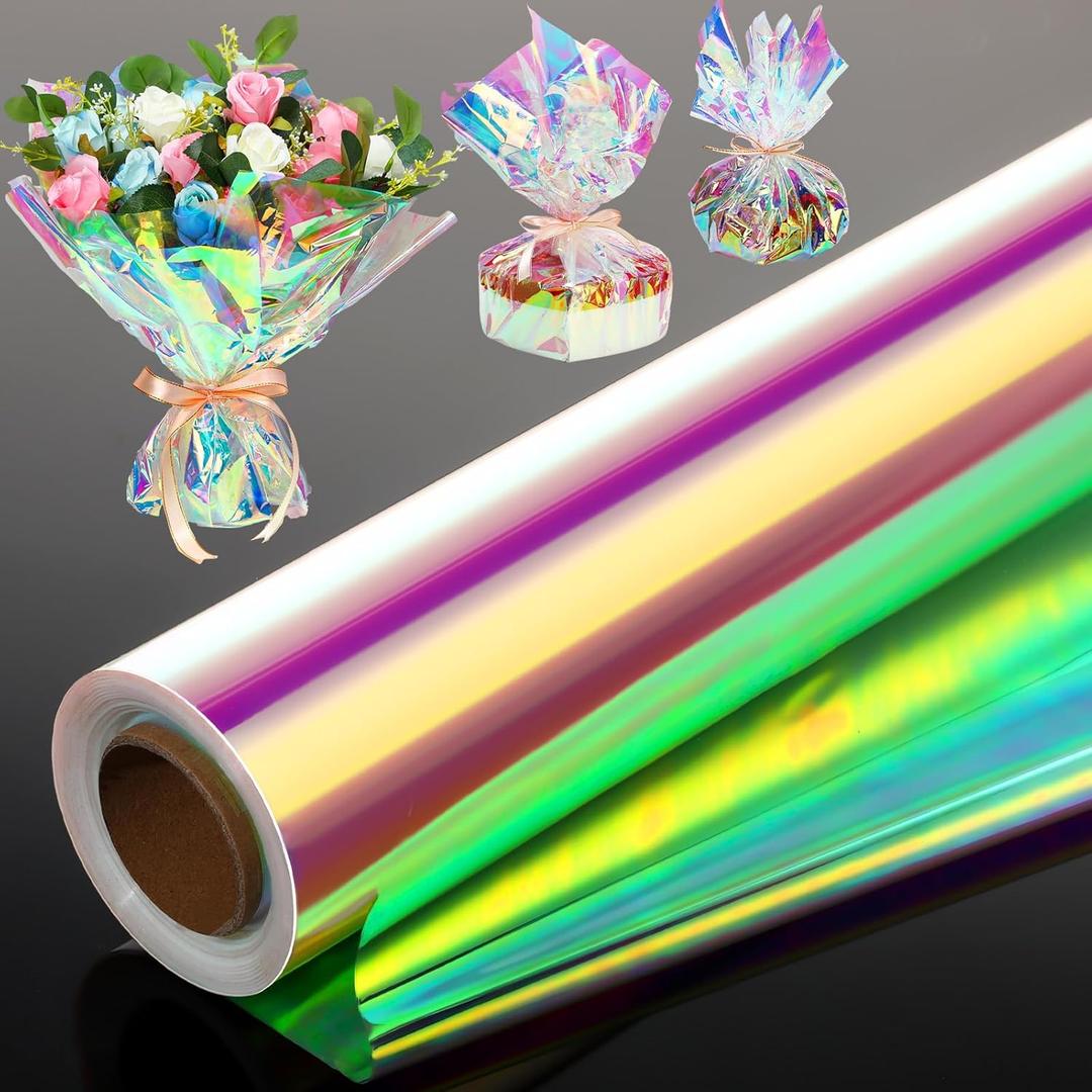 Seajan 32 in x 200 ft Iridescent Cellophane Wrap Roll, Rainbow Wrapping Paper Holographic Cellophane Wrap for Baskets Flower Bouquet DIY Treats Christmas Gifts Wrapping(Red and Golden Iridescence)