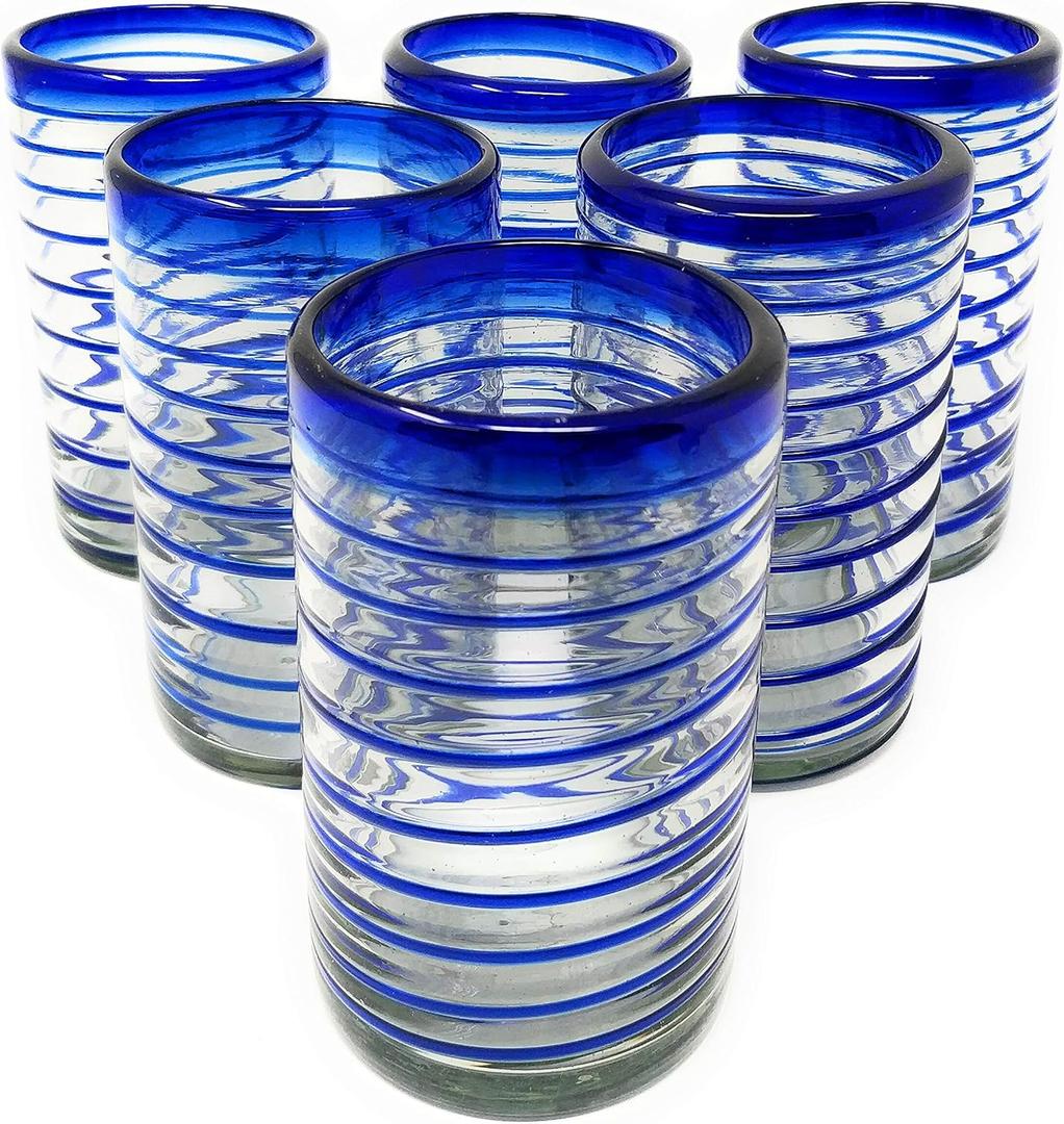 Hand Blown Mexican Drinking Glasses Set of 5 Glasses with Cobalt Blue Spiral Design (14 oz each)