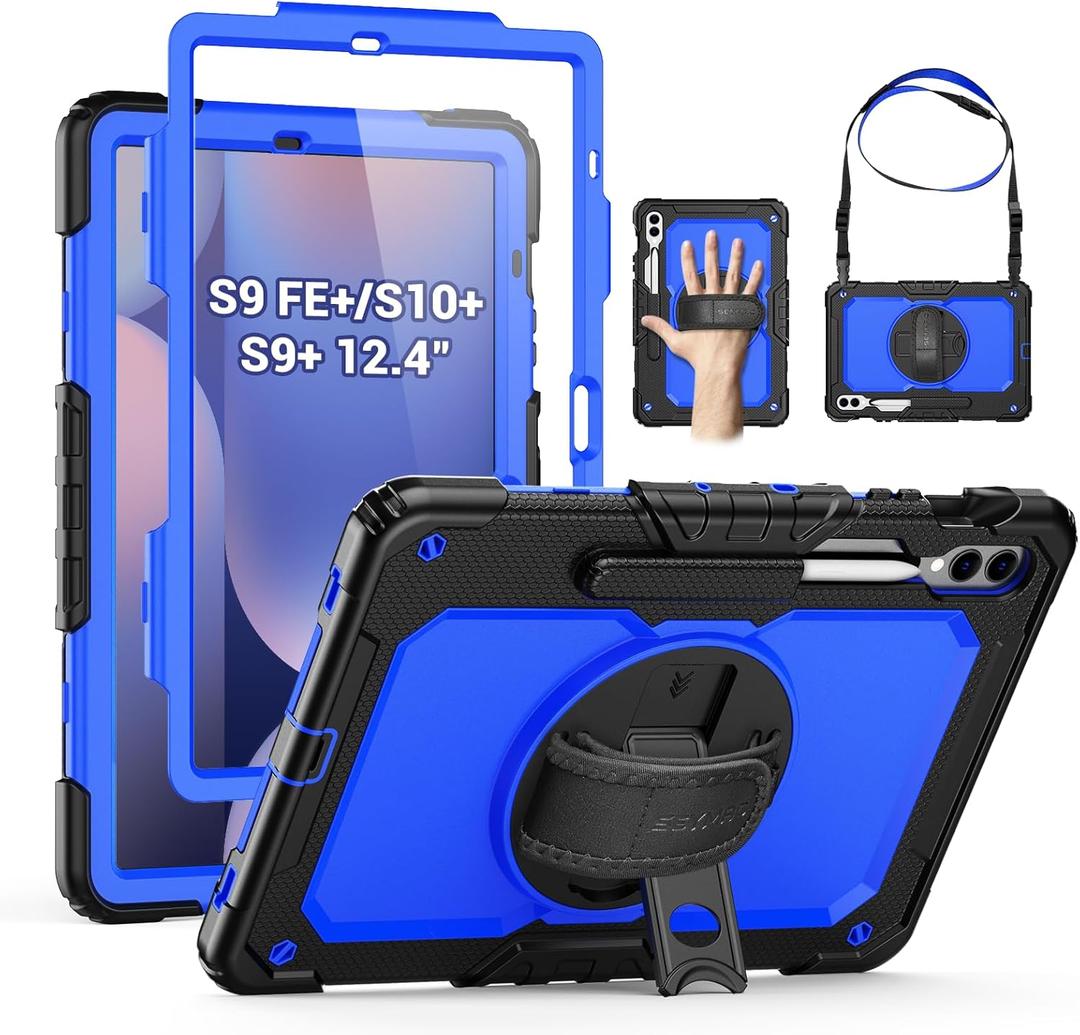 SEYMAC Case for Samsung Galaxy Tab S10+ Plus 2024/ S9 FE+ Plus/ S9+ Plus 12.4" 2023, Heavy Duty Shockproof Protective Case with Screen Protector, Stand, Hand/Shoulder Strap and Pen Holder, Blue