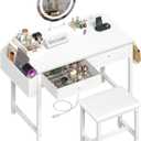 Makeup Vanity Desk with Mirror and Lights - Girls White Vanity Table Set with Chair, Fabric Drawers, Power Outlet, Small Modern Make Up Dressing Table for Bedroom (31.5")