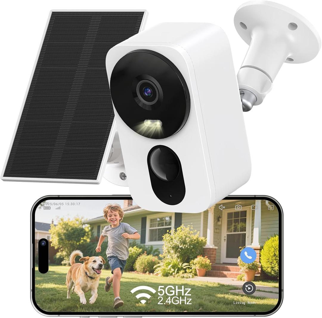 2.4G/5G WiFi 6 Wireless Outdoor/Indoor Security Camera, Solar Powered 2.5K 4MP, Cloud/SD Storage, Color Night Vision, AI Human Detection, Spotlight & Siren, 2-Way Talk, Dual Band, IP65 (WiFi White with Solar Panel)
