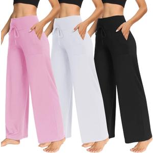 TNNZEET 3 Pack Women's Wide Leg Pants with Pockets - Casual Loose Yoga Trouser Pants Sweatpants Palazzo Lounge Pajama Pants, Large