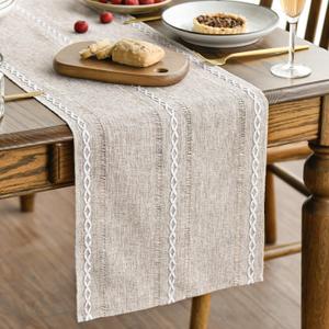 Artoid Mode Brown Rustic Cotton Linen Table Runner, Seasonal Embroidered Hollow Kitchen Dining Table Decoration for Home Party Decor 13x90 Inch