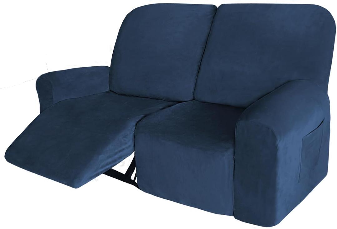 Velvet 6 Pieces Recliner Loveseat Cover Stretch Sofa Slipcover Furniture Protector with Elastic Bottom, Thick Soft Washable (Navy)