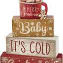 4 Pcs Christmas Table Decor Wooden Hot Cocoa Decoration Christmas Centerpiece Winter Tiered Tray Decor Decorative Red Hot Cocoa Block Signs Gift Farmhouse Xmas Decoration for Home Kitchen