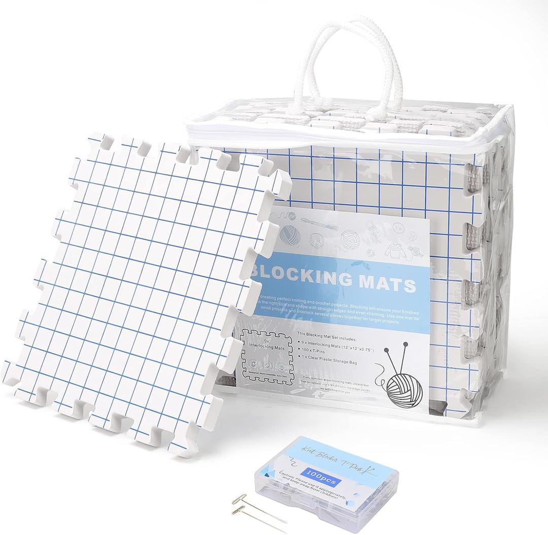 Yrangee Blocking Mats for Knitting,Extra Thick Blocking Boards with Grids for Needlepoint or Crochet,9 Pack Knitting Mats with 100 T-Pins and Storage Bag