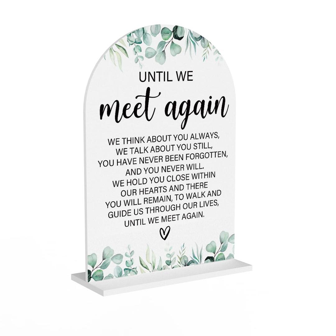 Acrylic Wedding Sign Until We Meet Again Signs for Ceremony Modern Calligraphy Arch Acrylic Table Top Signs for Wedding Reception and Event Party Table Decor (White Eucalyptus Leaves)