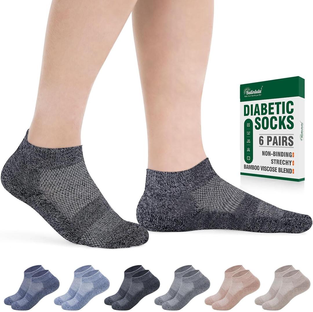 Bulinlulu Diabetic Socks for Men Women,6 Pairs Low Cut Non Binding Diabetic Socks,Ankle Seamless Socks for Men 6-9 9-12, Large, Navy/Pale Blue/Navy Blue/Offwhite/Tan/Khaki