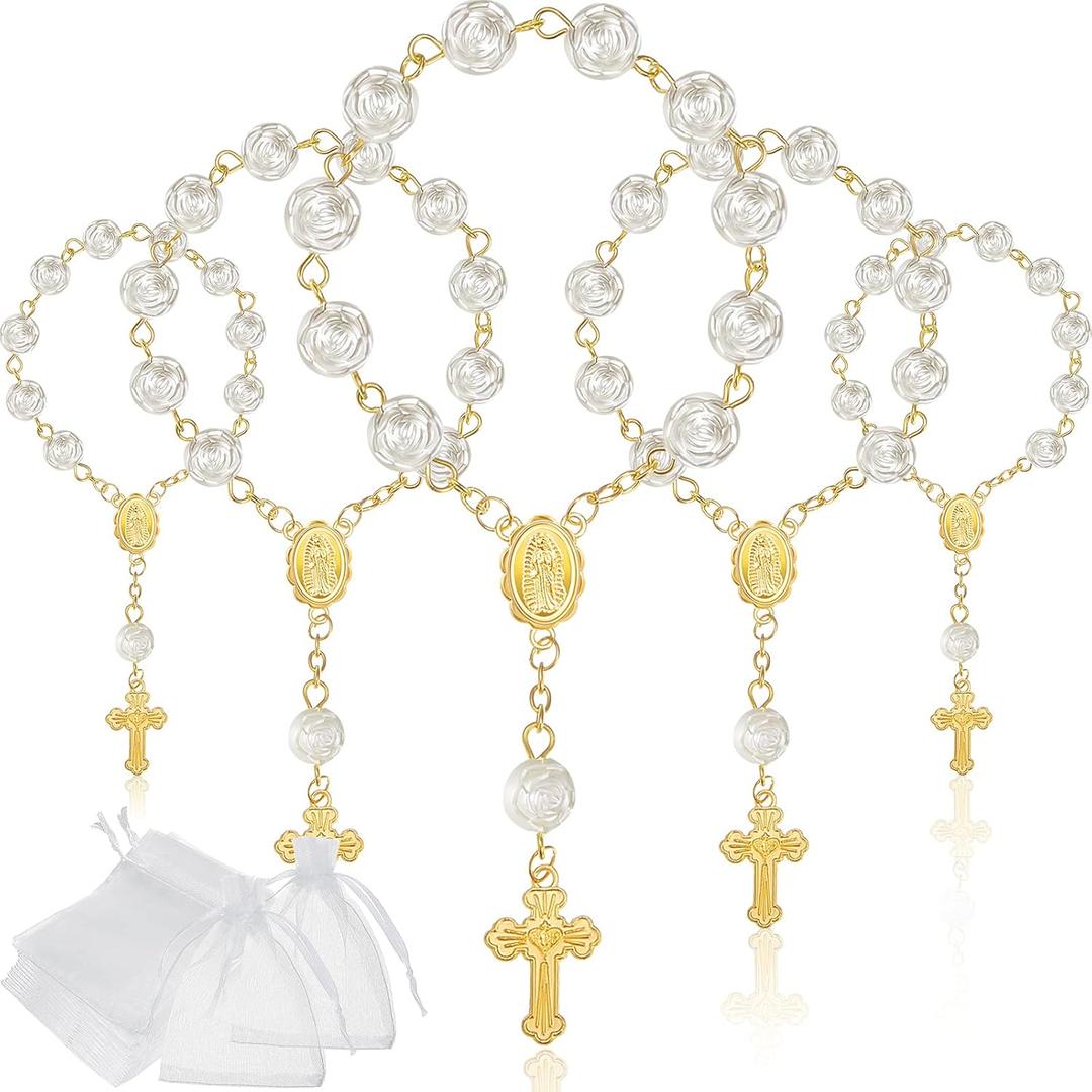 30 Pieces Mini Rosaries Baptism Rosary Beads Acrylic Ivory Color Finger Baptism Rosaries Faux Pearls with Organza Bags for Christening Weddings Party Favors (Gold)