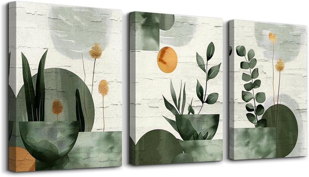 TTHYUEWS Large Wall Decor For Living Room Bedroom Wall Art Decor Boho Canvas Wall Art Prints Geometry Plant Pictures Abstract Paintings Office Artwork Modern Home Decoration 3 Piece Ready To Hang