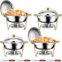 6 QT Round Chafing Dishes, 4 Pack Golden Premium Stainless Steel Chafing Dishes, Chafing Dish Buffet Set Heating and Cooling Chafing Dish for Gatherings Banquet, Buffet, Wedding, Party