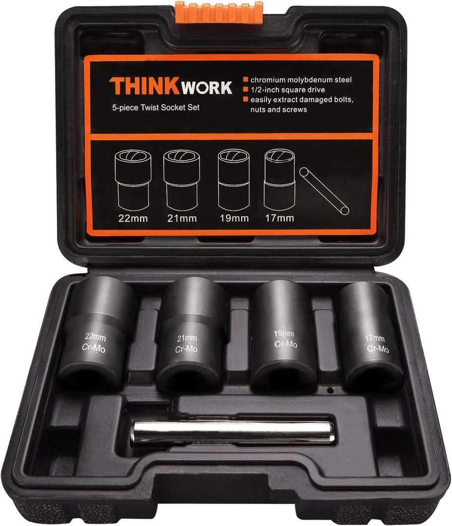 THINKWORK 1/2 Inch Drive Lug Nut Removal Tool, 5-Piece Wheel Lock Removal Kit, Lug Nut Remover for Stripped, Rounded, Damaged, Frozen, Rusted Bolts