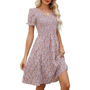 EeYu Women's Summer Dress Casual Short Sleeves V-Neck Flowy Smocked Knee Length Dresses with Pockets, Small