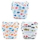 Babygoal Swim Diapers 3 Pack for 8M-3T Babies and Toddlers, Reusable Adjustable Washable for Baby Girl and Boy Swimming Lessons-Fish,Duck (Large)