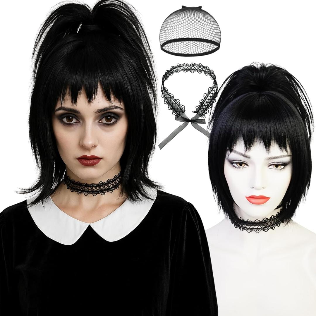 Black Ponytail Wig with Chocker, Black Straight Wig Goth Wigs with Detachable Ponytail+ Cap for Halloween Costume Party Movie Cosplay